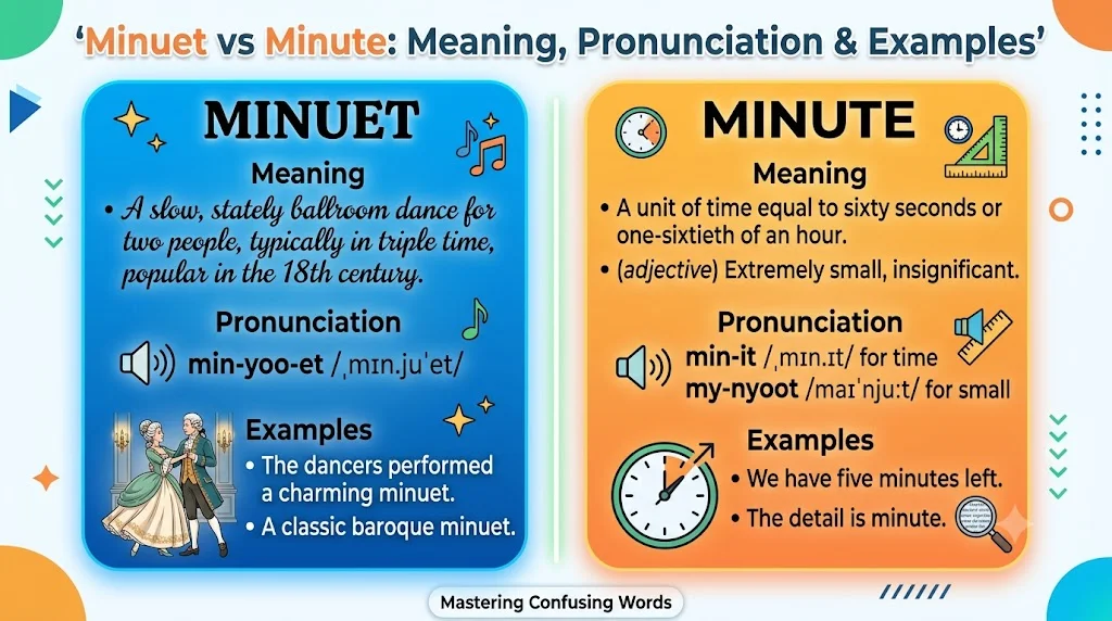 Minuet vs Minute: Meaning, Pronunciation & Examples 